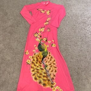Vibrant Pink Peacock Long Sleeve Ao Dai